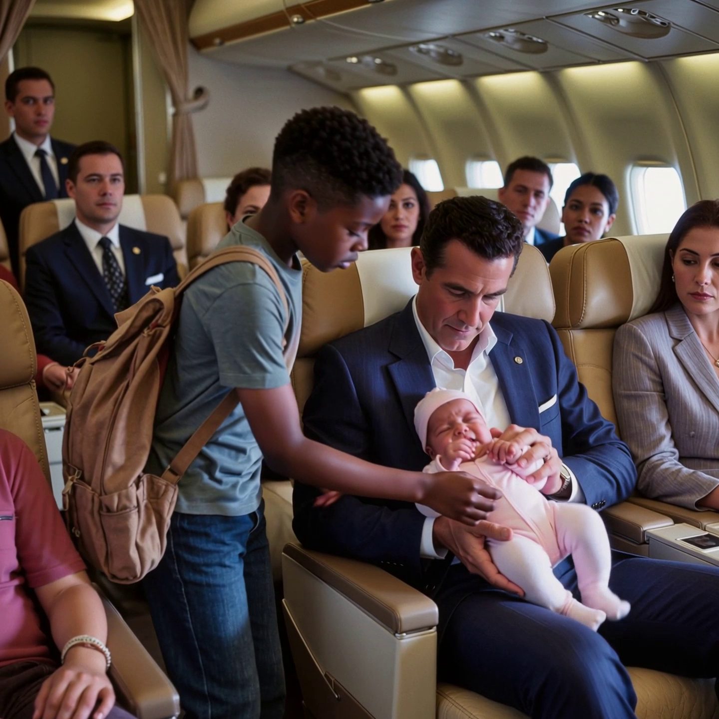 The billionaire’s baby cried throughout the New York–Geneva flight, plunging first class into chaos — until a teenager in the back row stepped up and did what no one else dared… and the ending left the entire plane silent.