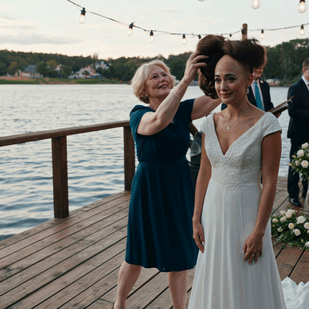 At our wedding, my mother-in-law yanked off my wig — I stood there exposed — then my husband stepped in, hurled it into the lake, and said one sentence that made the entire reception applaud; a few weeks later, her trembling letter changed our lives.
